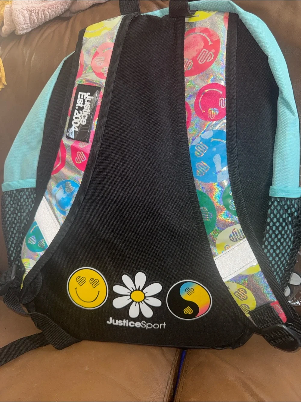 Justice Teal Multicolor Smiley Daisy Holographic Backpack